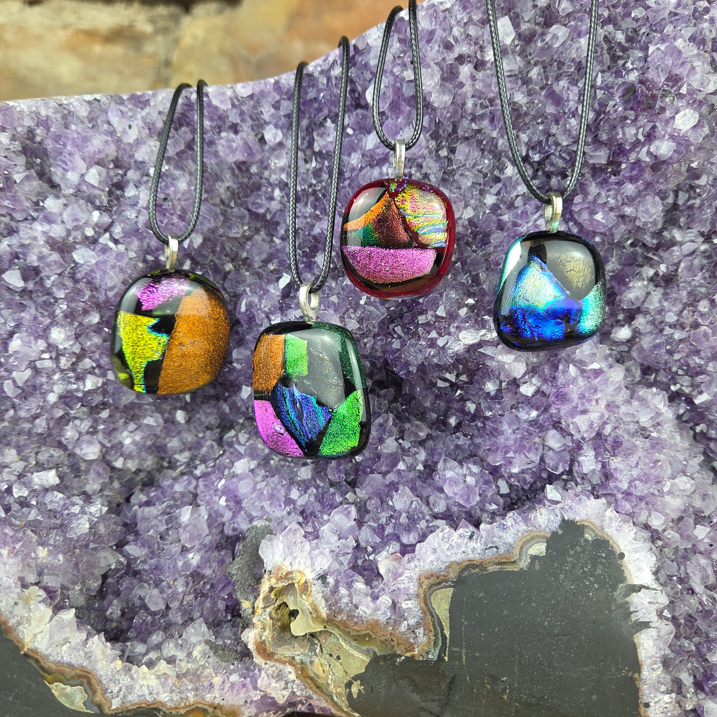 Large Multi-Colored Dichroic Glass Pendant - Artisan Made