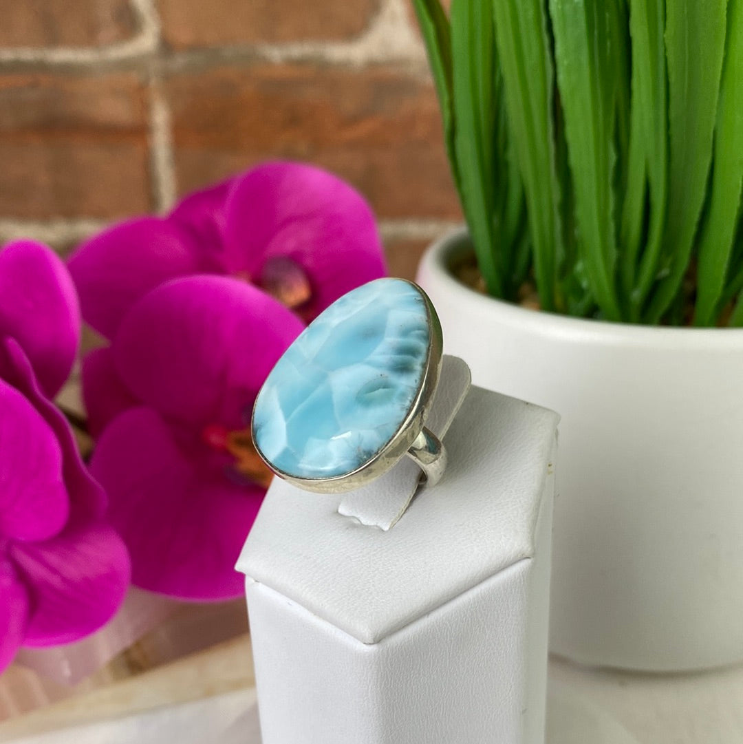 Larimar Ring Polished 0.75-1" stone with Sterling Silver Sized Band