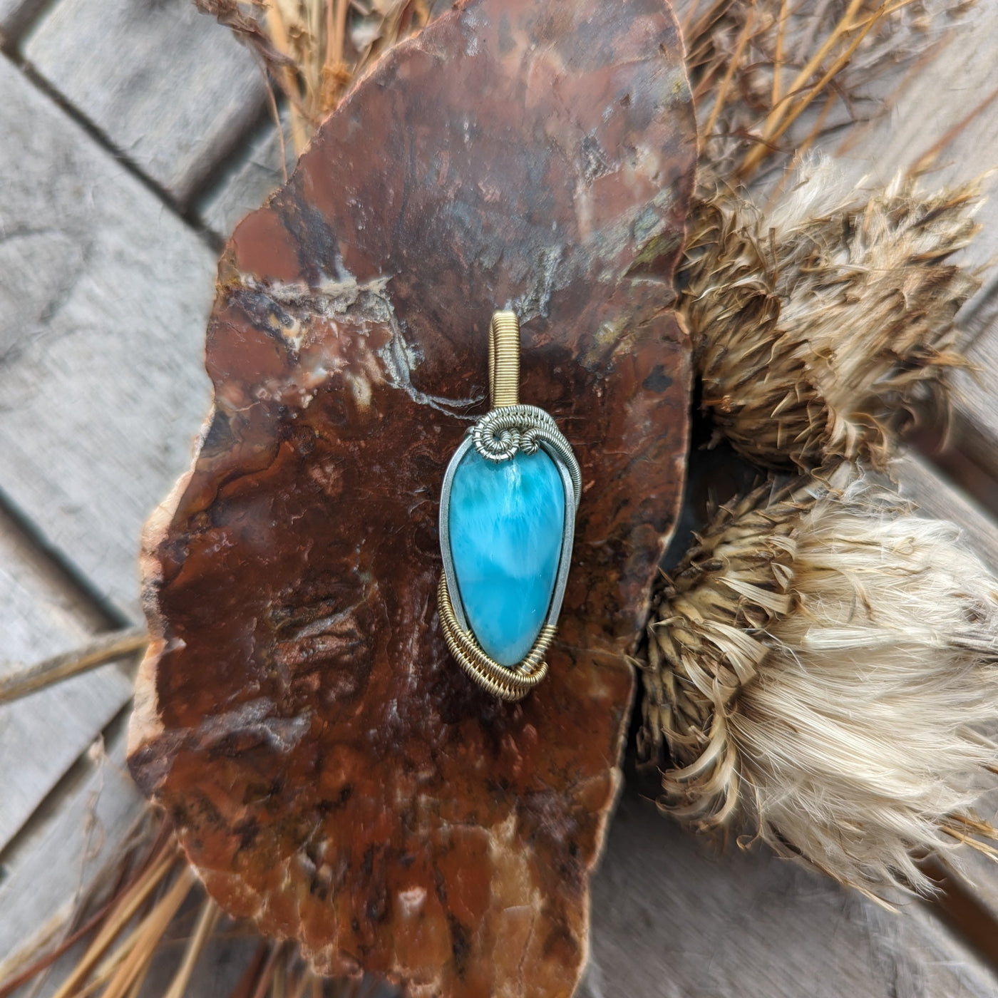 Larimar Teardrop Wire Wrapped Pendant - Artisan Made