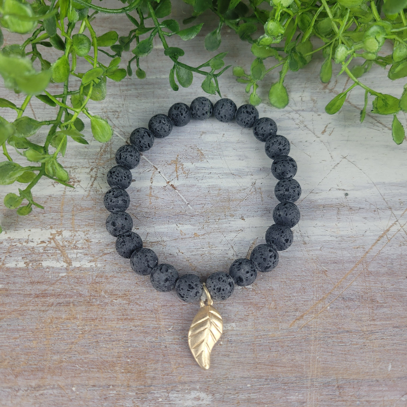 Lava 8mm Bracelet with Gold or Silver Leaf Charm