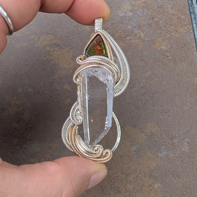 Lemurian Quartz & Ammolite Pendant - Artisan Made