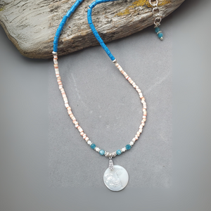 "Light of the Moon" Mother of Pearl Moon, Jade & Shell Necklace- Artisan Made