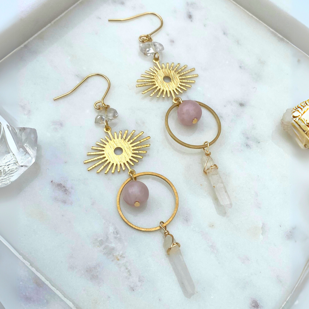 Long Rose Quartz and Quartz Celestial Earrings - Artisan Made