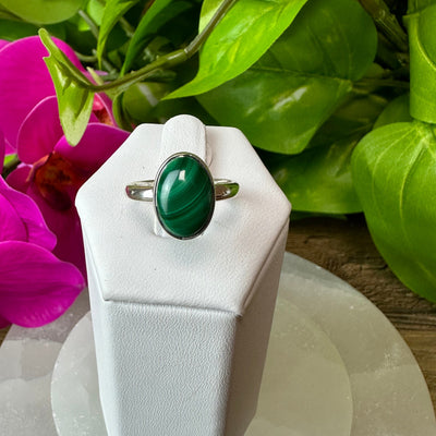 Malachite Polished Ring 0.5" in Sized Sterling Silver Band (Assorted Shapes)