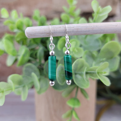 Malachite Tube sterling silver Earrings - Artisan Made
