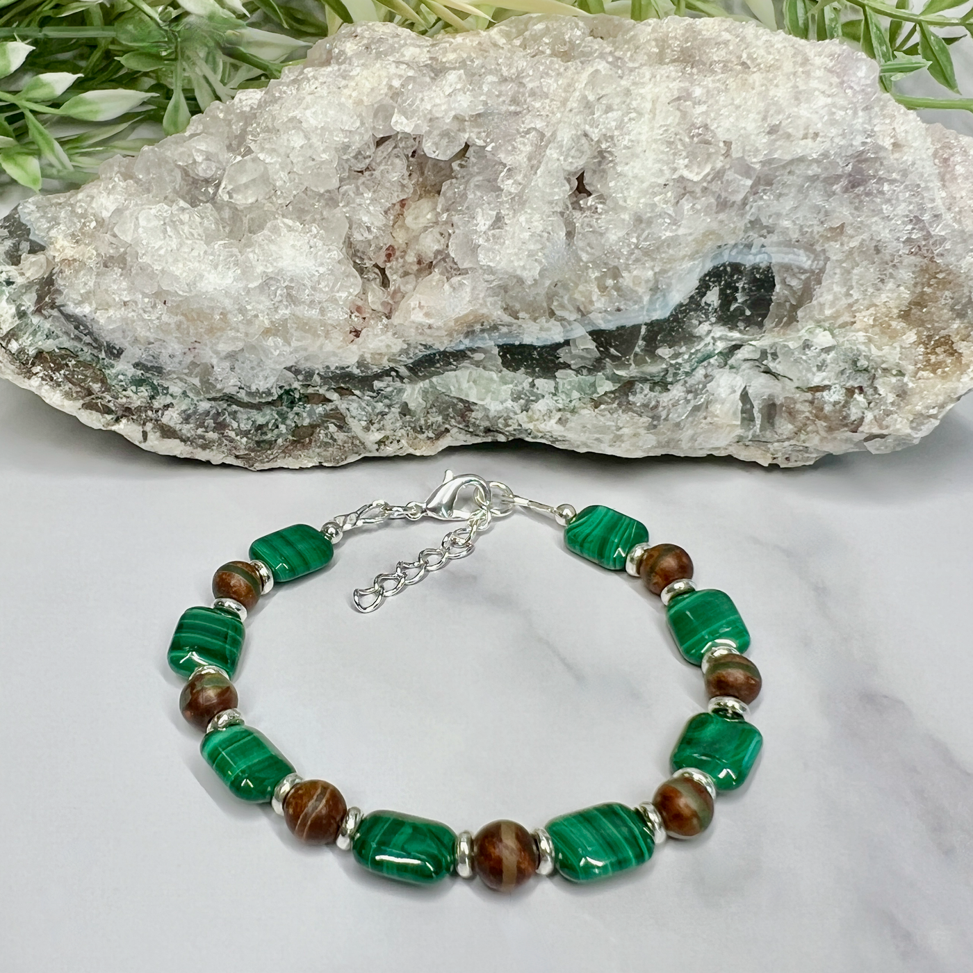 Malachite and Tibetan Agate Adjustable Bracelet- Artisan Made