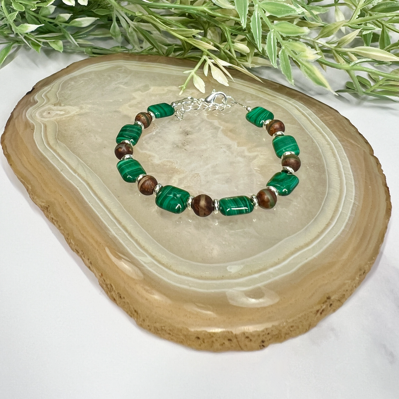 Malachite and Tibetan Agate Adjustable Bracelet- Artisan Made