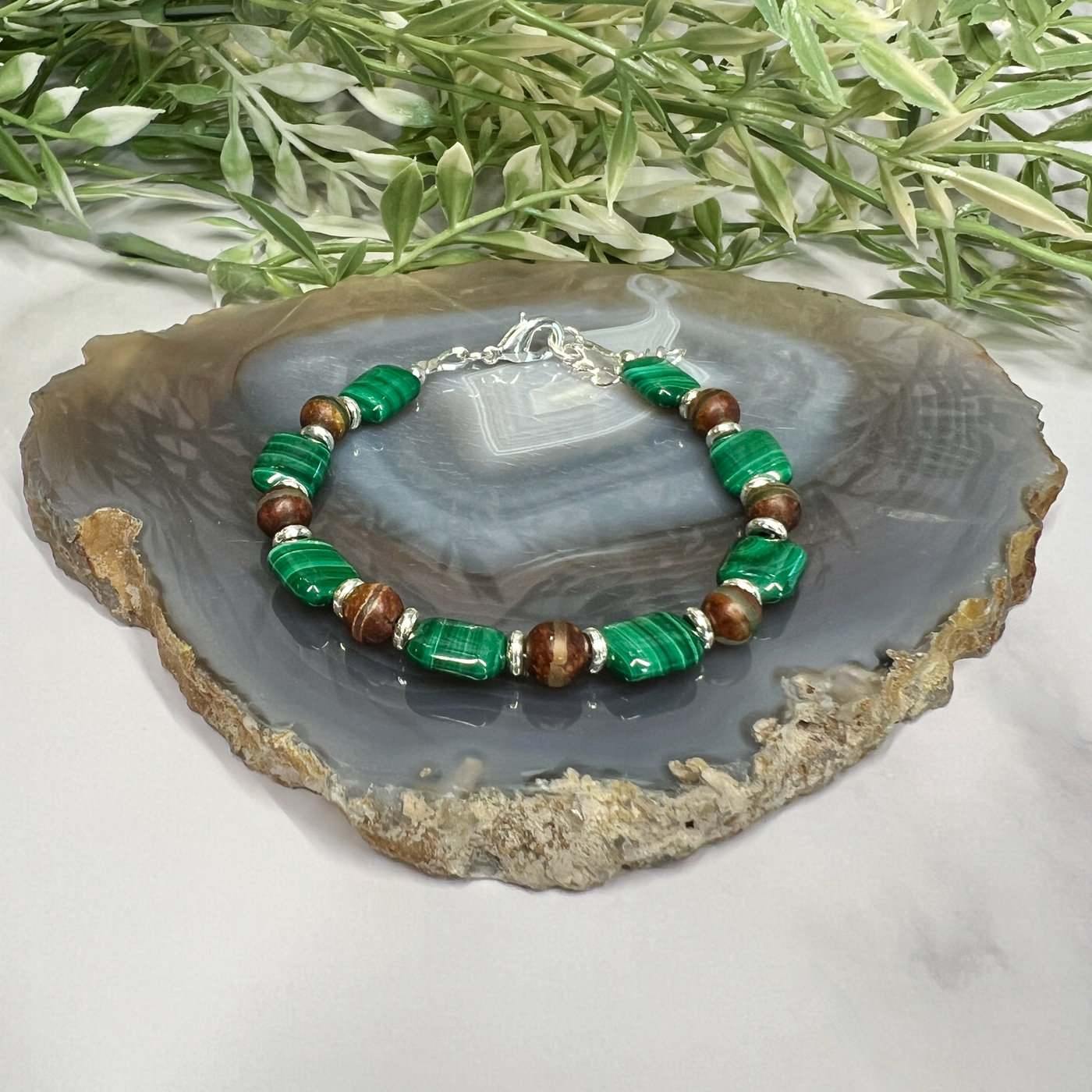 Malachite and Tibetan Agate Adjustable Bracelet- Artisan Made