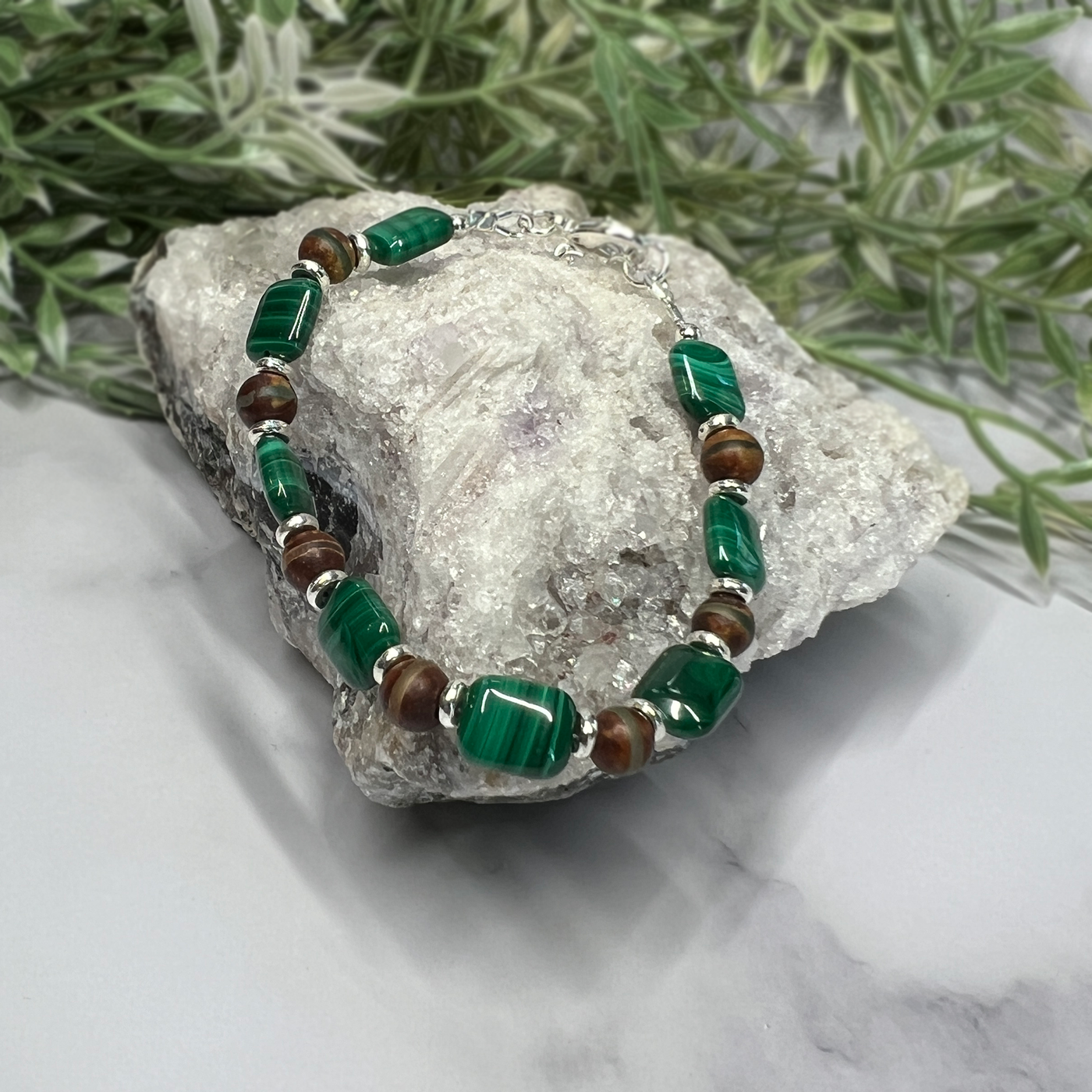 Malachite and Tibetan Agate Adjustable Bracelet- Artisan Made