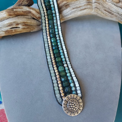 "Mantra" Moss Agate, Jade & Mother of Pearl Cuff Bracelet - Artisan Made