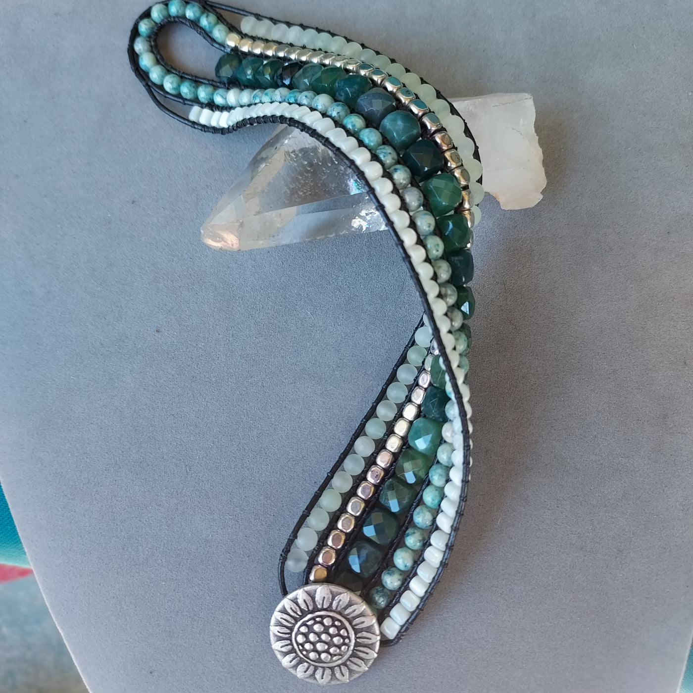 "Mantra" Moss Agate, Jade & Mother of Pearl Cuff Bracelet - Artisan Made