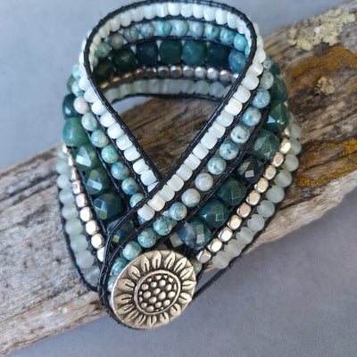 "Mantra" Moss Agate, Jade & Mother of Pearl Cuff Bracelet - Artisan Made