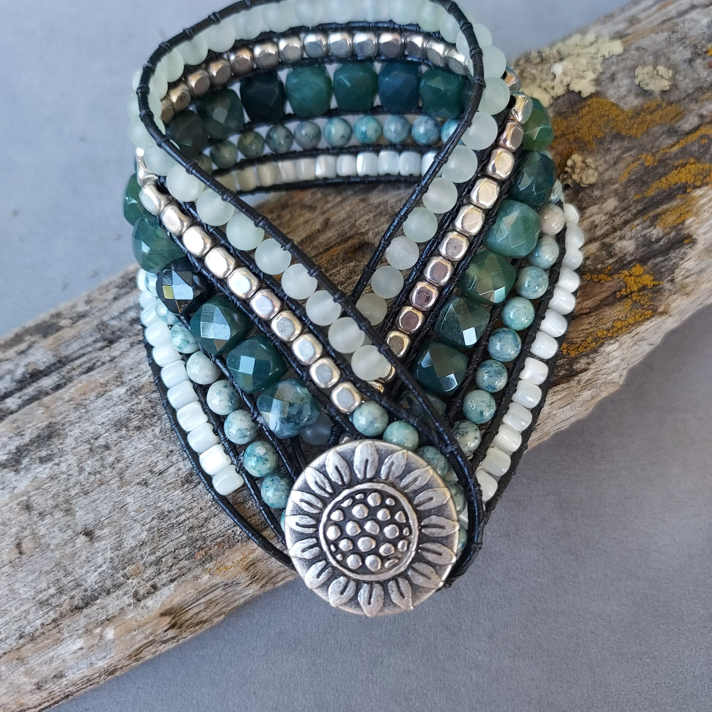 "Mantra" Moss Agate, Jade & Mother of Pearl Cuff Bracelet - Artisan Made