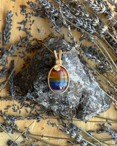 Medium Rainbow Chakra Gold Plated Wire Wrapped Necklace - Artisan Made