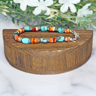Mexican Campitos Turquoise, Orange Spiny Oyster & Silver Plated Bead Bracelet– Artisan Made