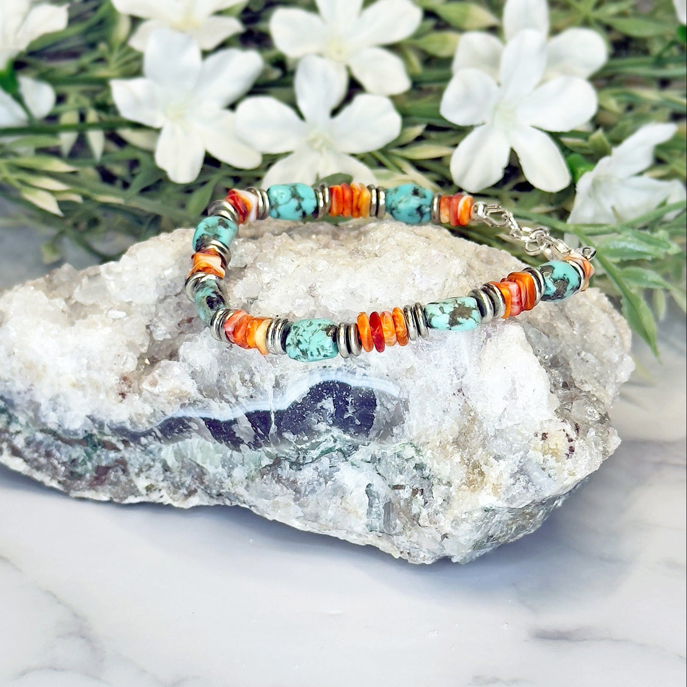 Mexican Campitos Turquoise, Orange Spiny Oyster & Silver Plated Bead Bracelet– Artisan Made