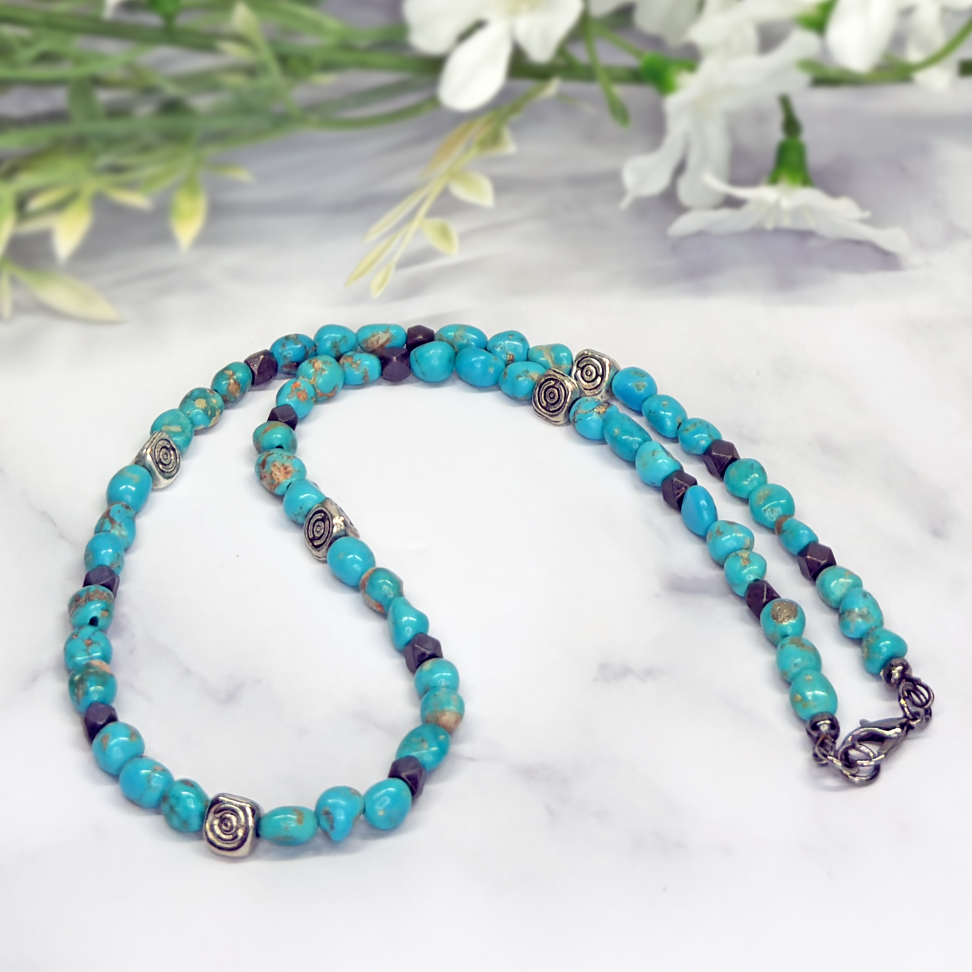 Mexican Campitos Turquoise Pebble, Black Brass Diamond, and Silver Triangle Silver Bead Necklace- Artisan Made