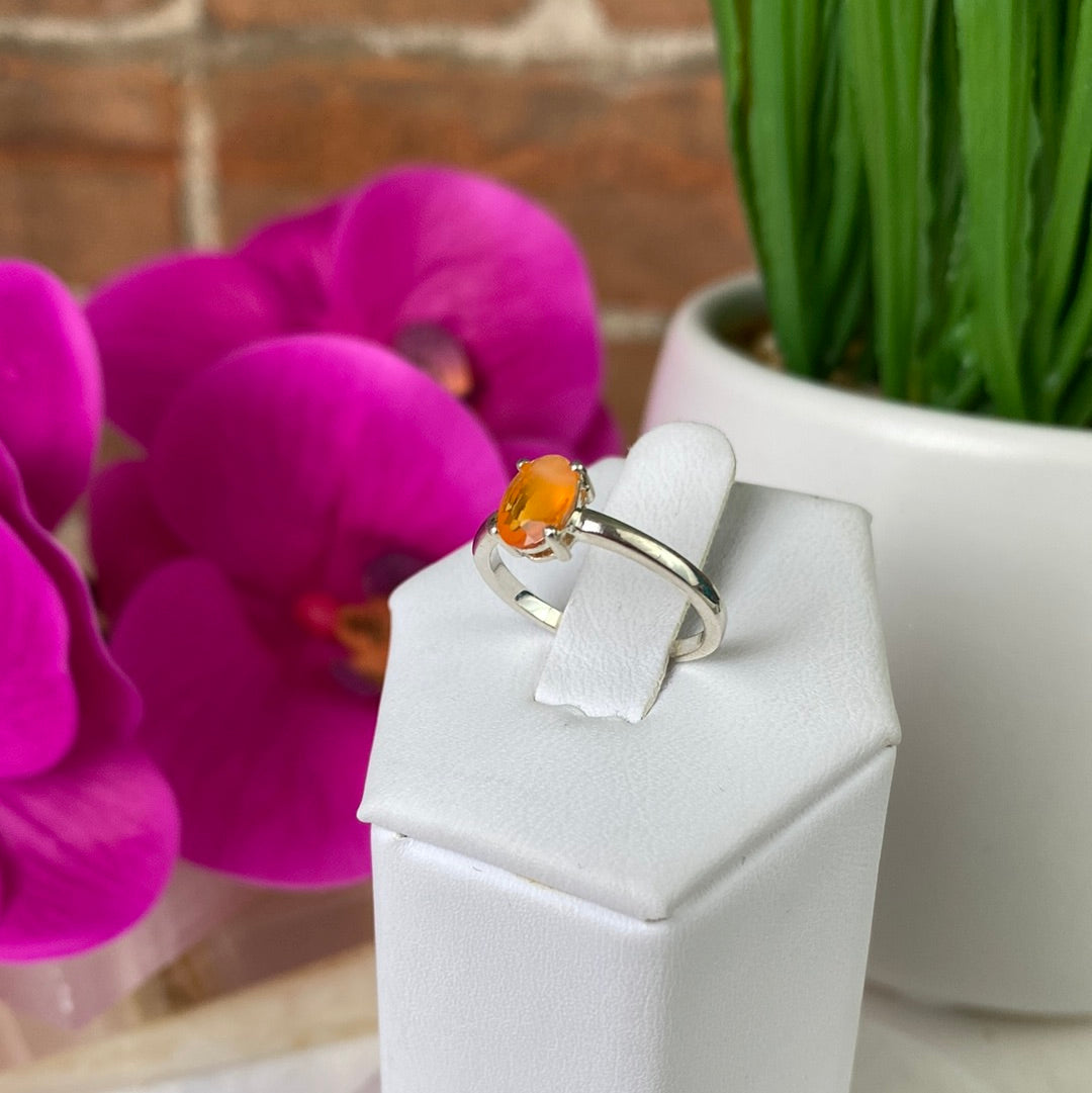 Mexican Fire Opal Ring Oval with sterling silver Prong Setting and Sized Band