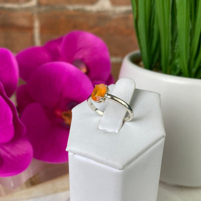 Mexican Fire Opal Ring Oval with sterling silver Prong Setting and Sized Band