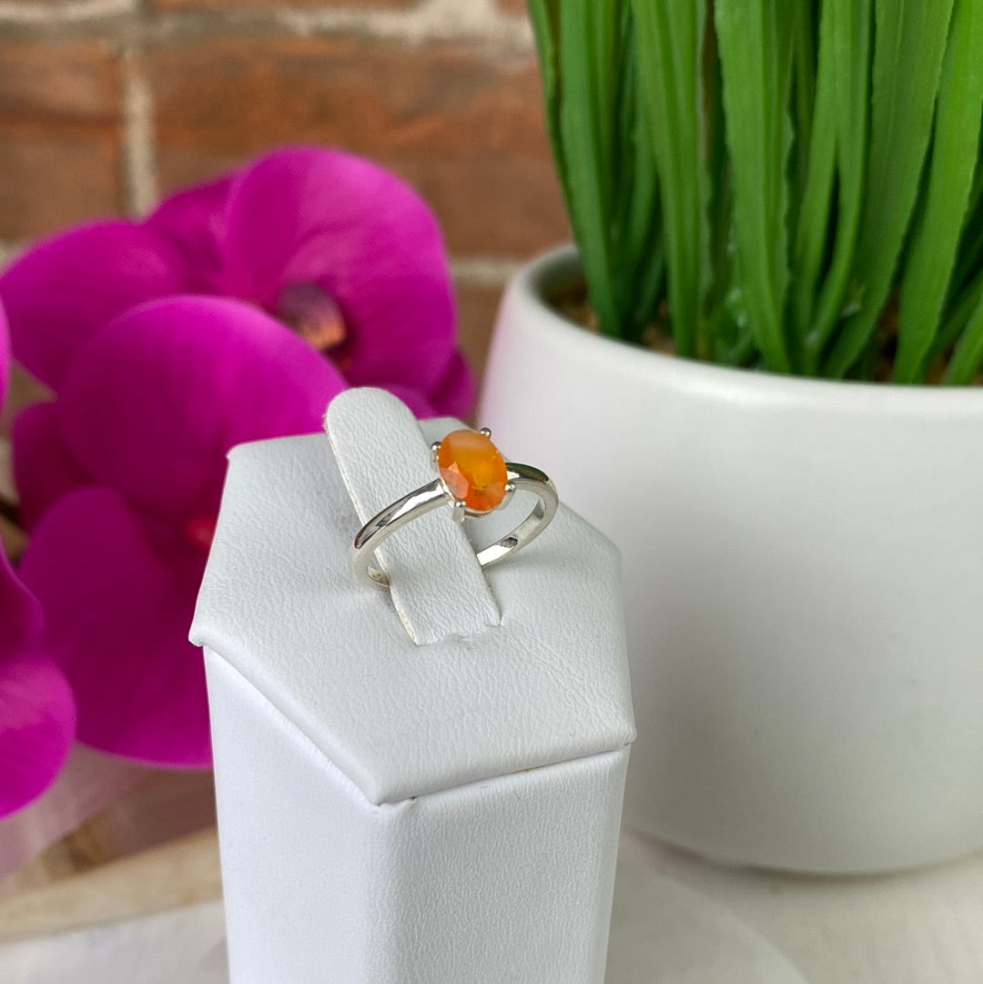 Mexican Fire Opal Ring Oval with sterling silver Prong Setting and Sized Band