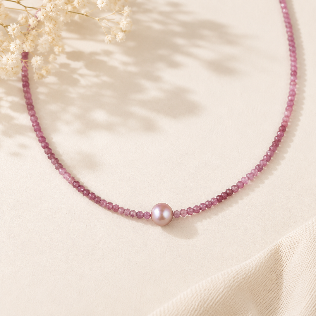 Mini Gemstone Necklace w/ Single Pearl Accent - Artisan Made (Variants