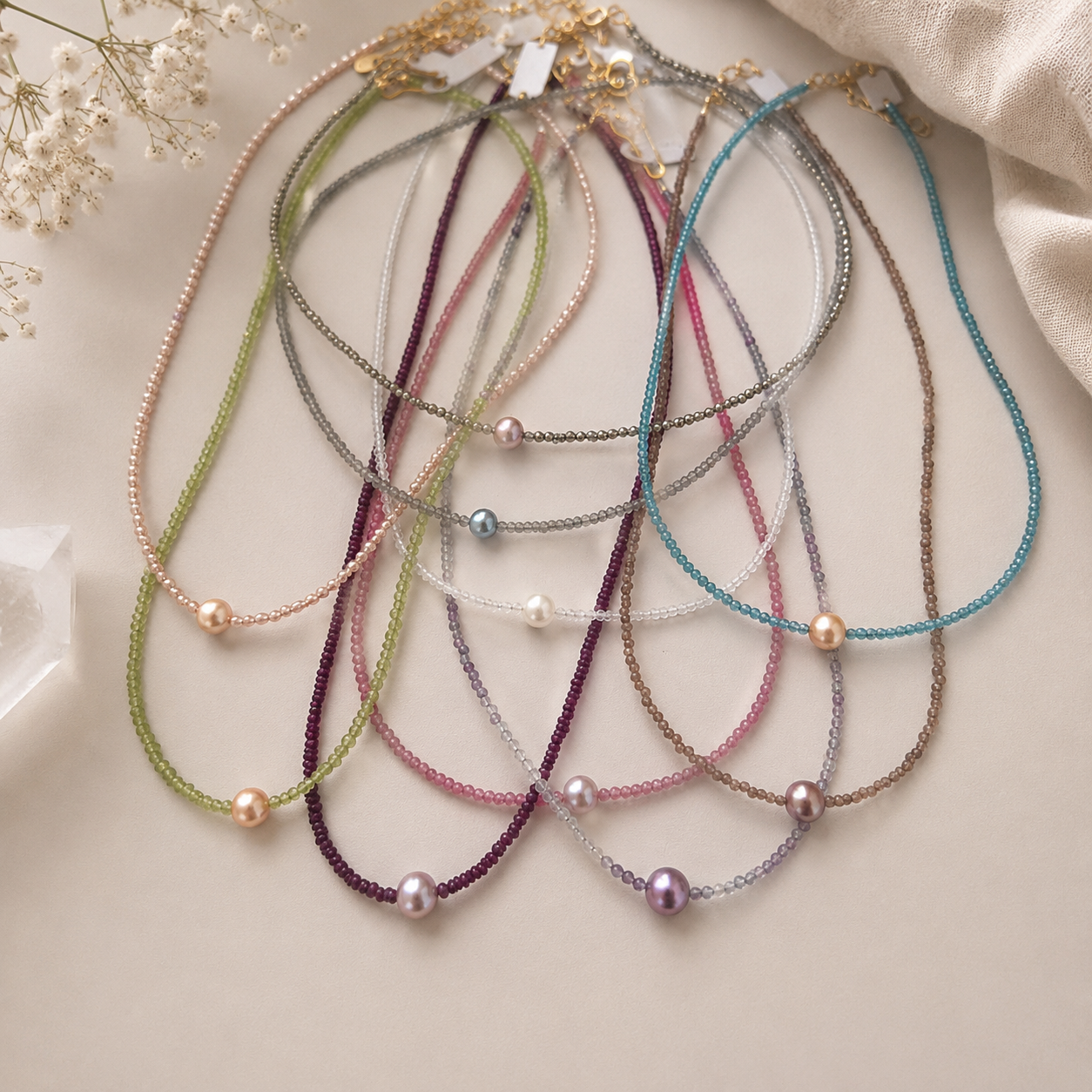 Mini Gemstone Necklace w/ Single Pearl Accent - Artisan Made (Variants)