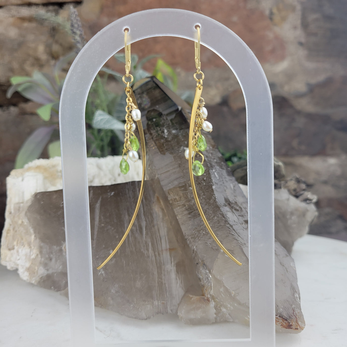 "Mist on the Moors" Peridot & Pearl Drop Earrings - Artisan Made