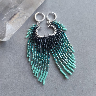 "Misty Moonglow" Beaded Crescent Moon Earrings - Artisan Made