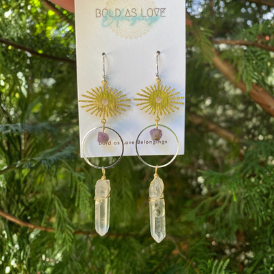 Mixed Metal Amethyst and Quartz Sun Earrings - Artisan Made