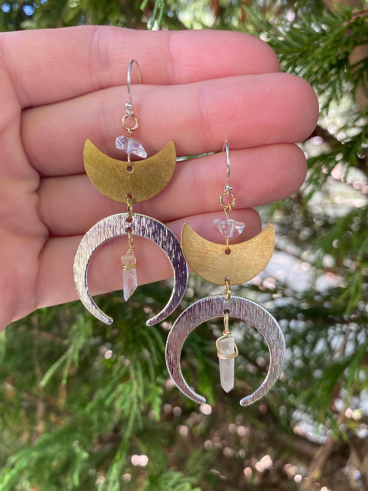 Mixed Metal Moon and Quartz Earrings - Artisan Made