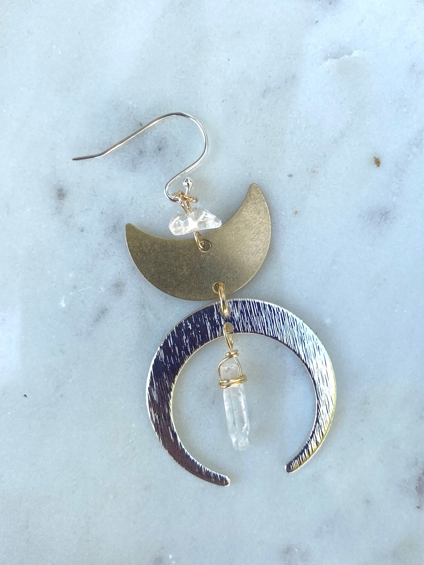 Mixed Metal Moon and Quartz Earrings - Artisan Made