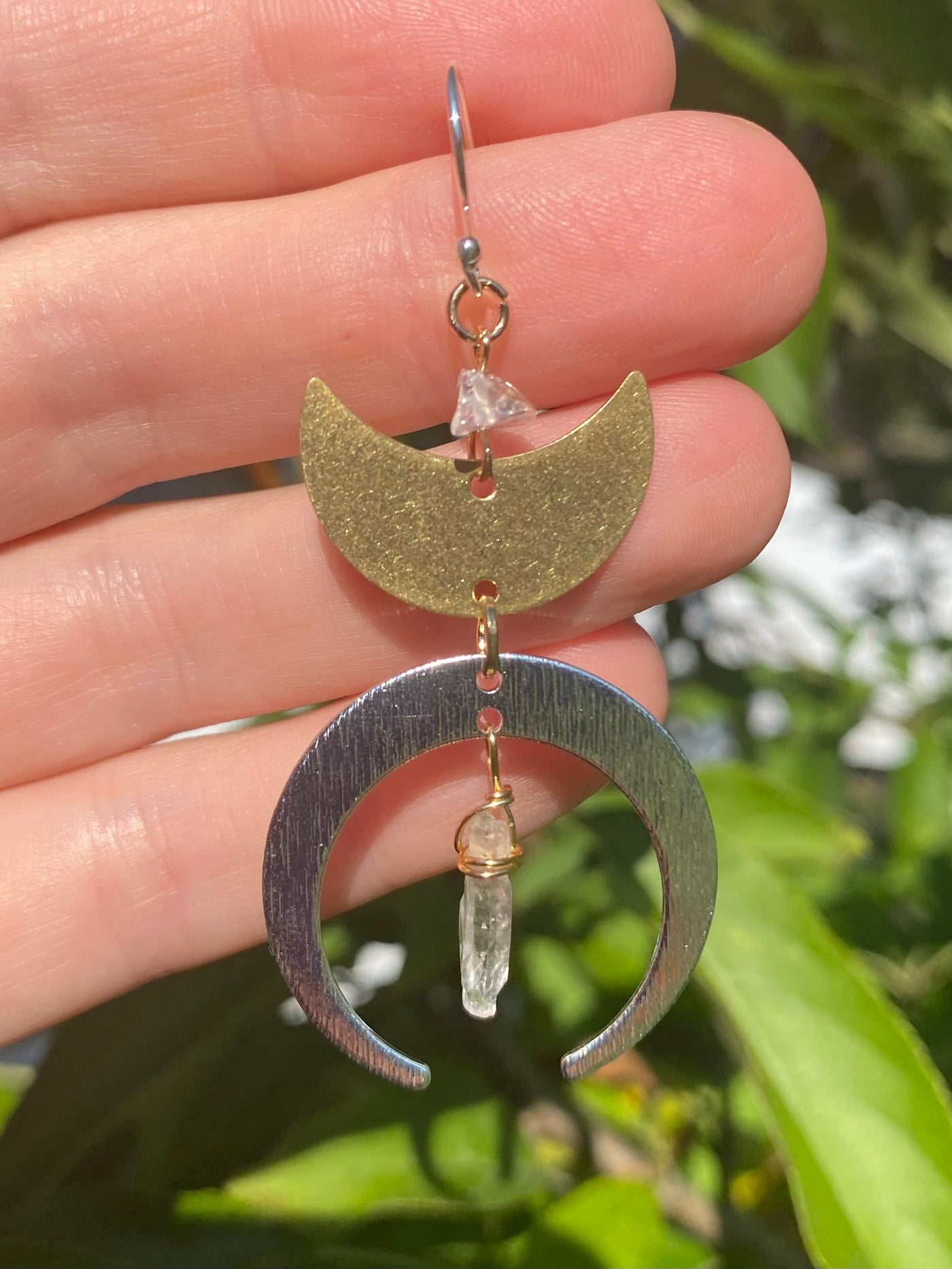 Mixed Metal Moon and Quartz Earrings - Artisan Made