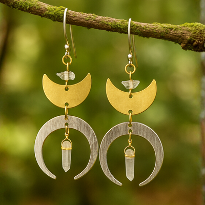 Mixed Metal Moon and Quartz Earrings - Artisan Made