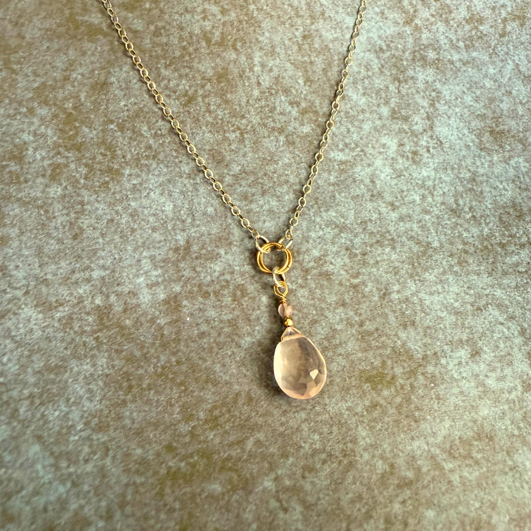 Mixed Metal Rose Quartz/Amethyst Teardrop Pendant and Necklace-Artisan Made