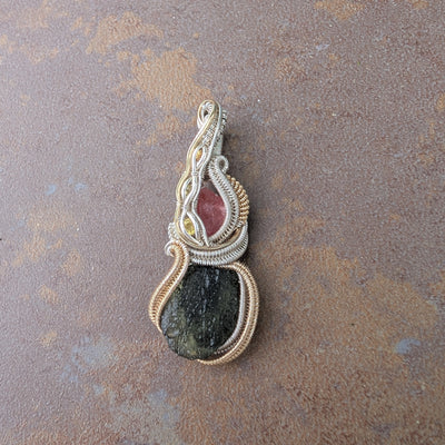 Moldavite & Rhodochrosite Pendant - Artisan Made