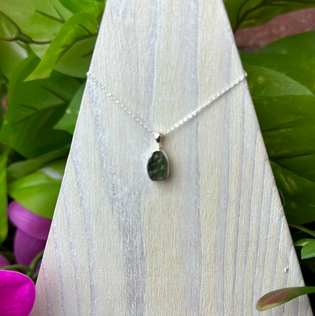 Moldavite Rough sterling silver Pendant Necklace .5" with 16 - 18" Adjustable sterling silver Chain