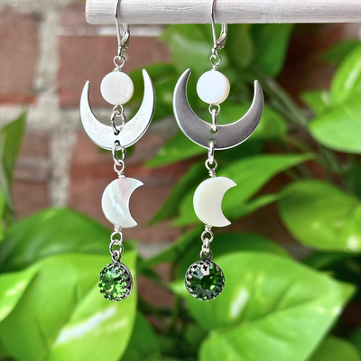 "Moondance" Peridot & Mother of Pearl Crescent Earrings - Artisan Made