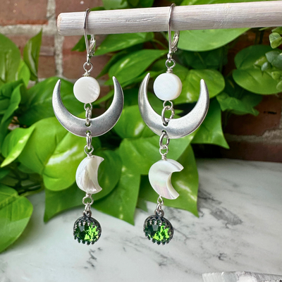 "Moondance" Peridot & Mother of Pearl Crescent Earrings - Artisan Made