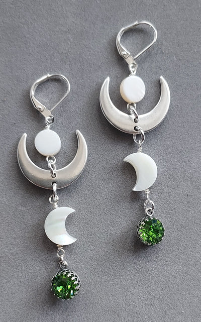 "Moondance" Peridot & Mother of Pearl Crescent Earrings - Artisan Made