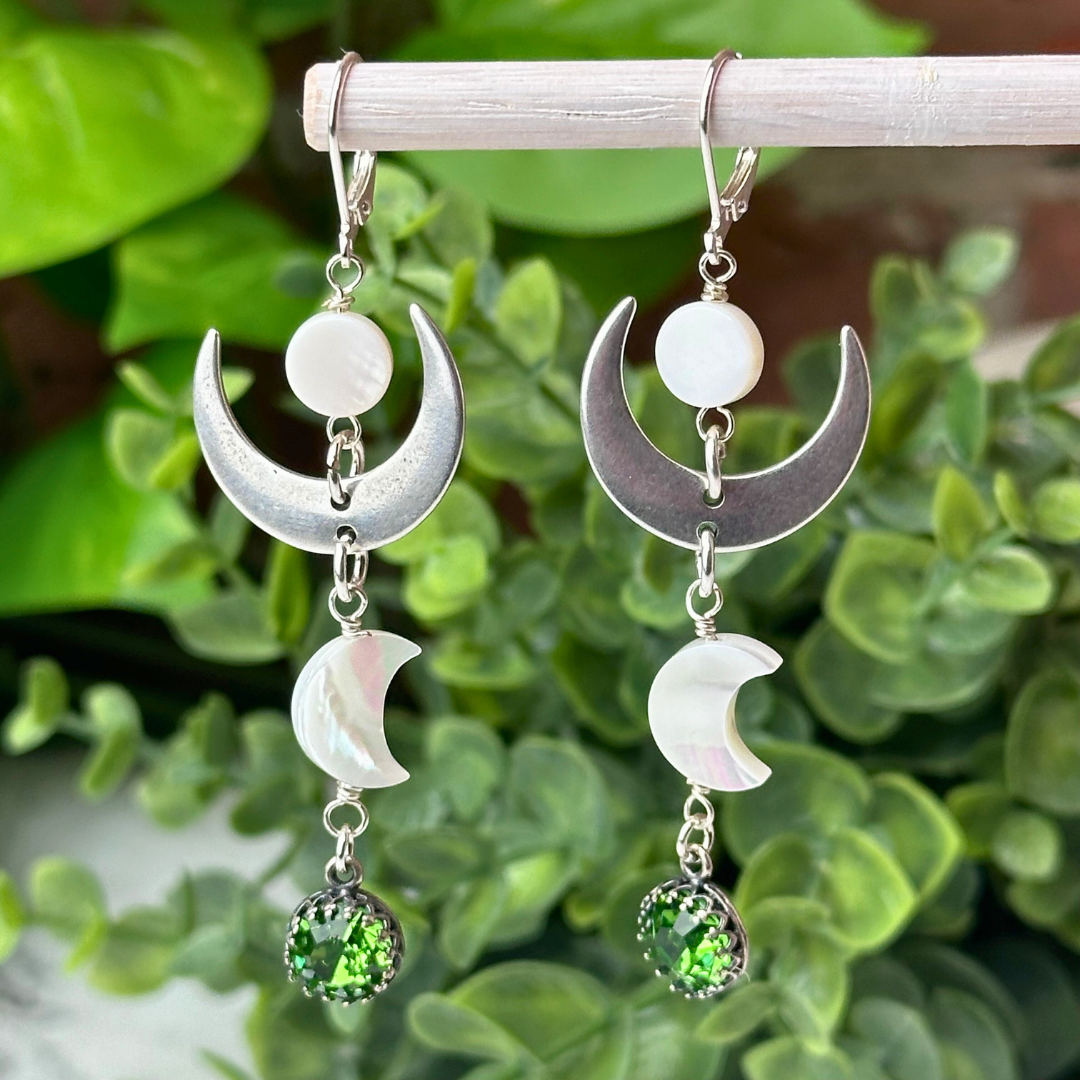 "Moondance" Peridot & Mother of Pearl Crescent Earrings - Artisan Made