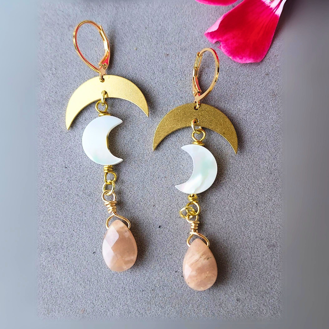 "Moonglow" Peach Moonstone & Mother of Pearl Crescent Earrings - Artisan Made