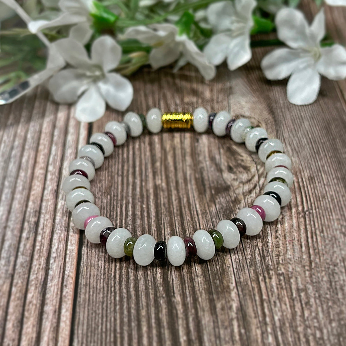 Moonstone & Multi-Color Tourmaline Stretch Bracelet - Artisan Made