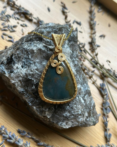 Moss Agate Wire Wrap Gold Plated Necklace - Artisan Made