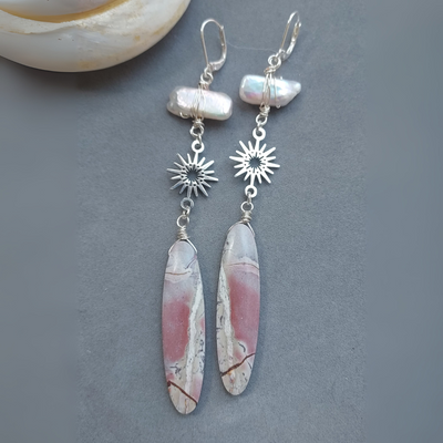 "Mother Lode" Jasper & Biwa Pearl Sunburst Earrings - Artisan Made