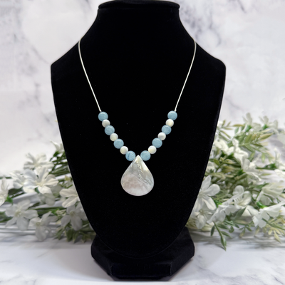 Mother of Pearl, Aquamarine and Sterling Silver Necklace - Artisan Made