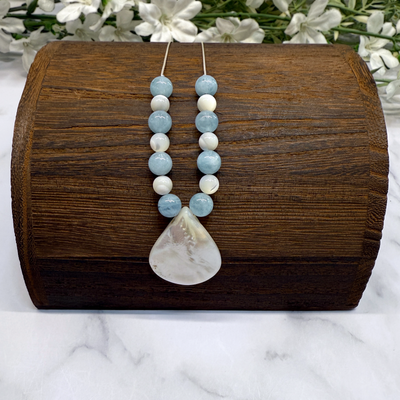 Mother of Pearl, Aquamarine and Sterling Silver Necklace - Artisan Made