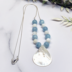 Mother of Pearl, Aquamarine and Sterling Silver Necklace - Artisan Made