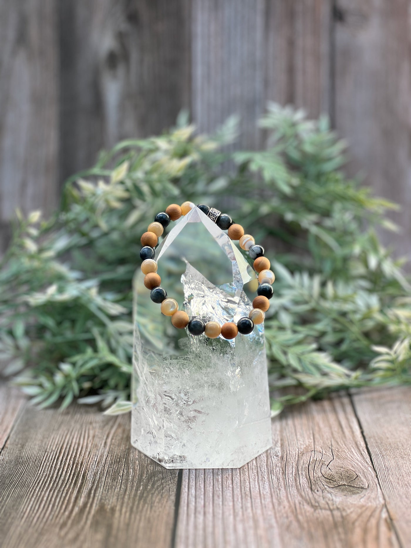 Mother of Pearl, Silver Eagle's Eye & Sandalwood Stretch Bracelet - Artisan Made