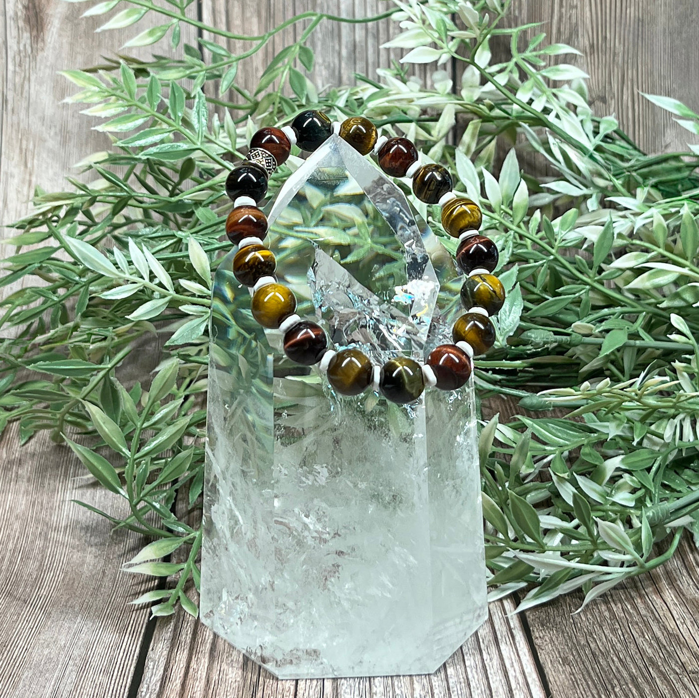 Multi-Colored Tiger's Eye & White River Shell Stretch Bracelet - Artisan Made