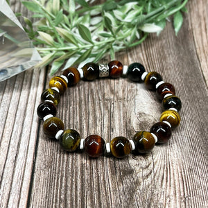 Multi-Colored Tiger's Eye & White River Shell Stretch Bracelet - Artisan Made